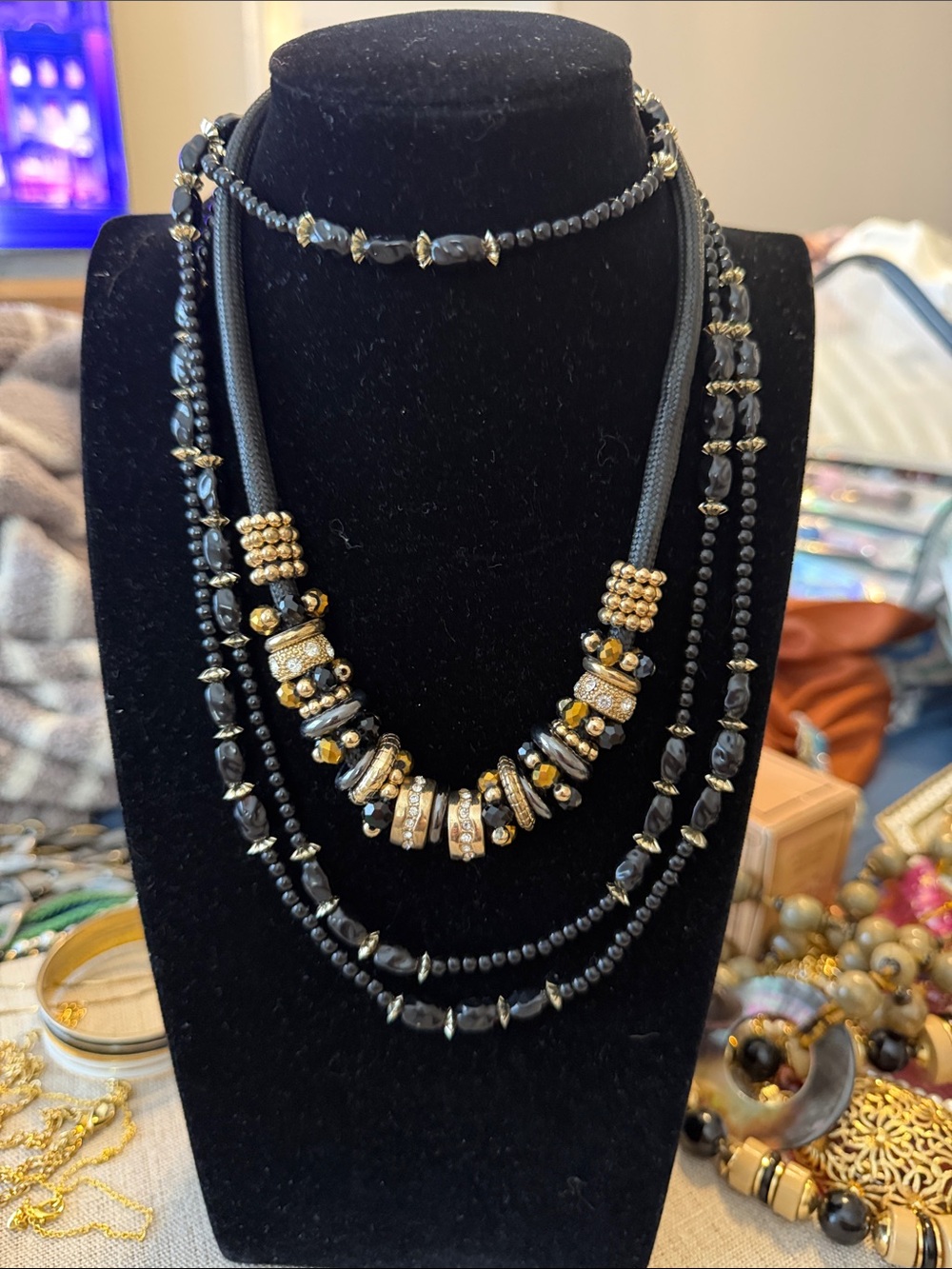 Elegant Black and Gold Layered Bead Necklace - Designer Style